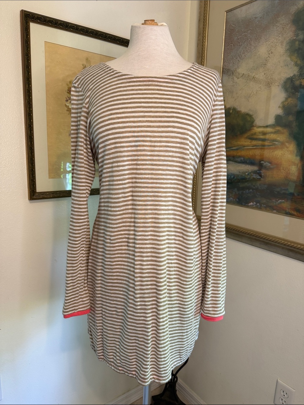 Eileen Fisher Top- 100% Linen Striped Tunic/Dress w/Coral Pink Trim Size Small